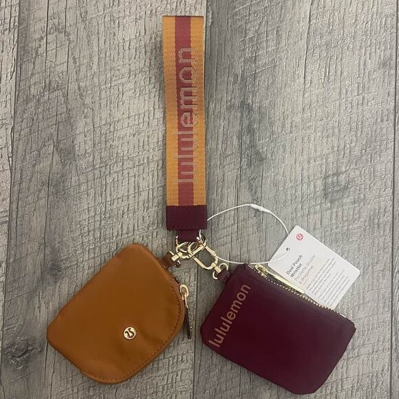 Lululemon Dual Pouch Wristlet Wallet Keychain Maroon Gold Tan Wordmark Strap